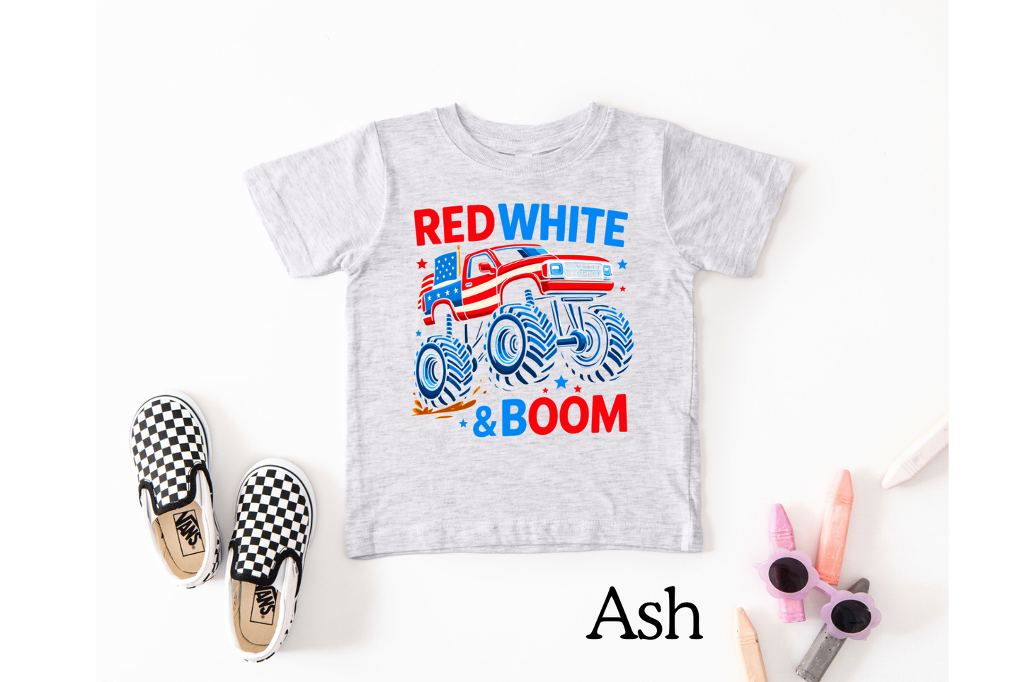 Red White & Boom Monster Truck Kids T-Shirt | Patriotic 4th of July Graphic Tee for Boys & Girls