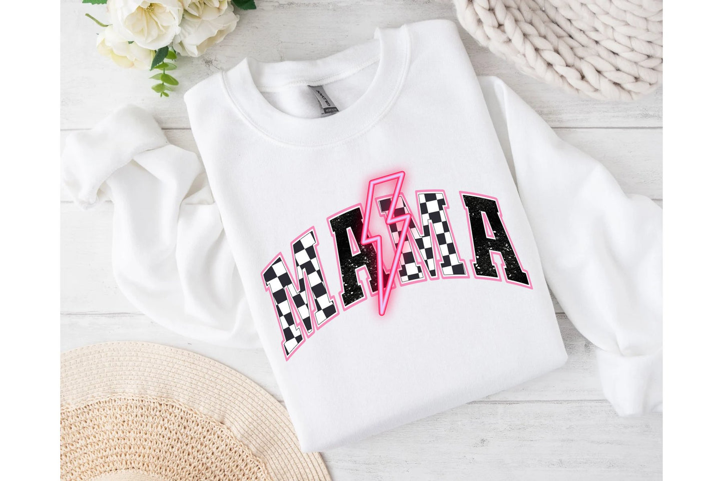 Mama checkered basic fleece crewneck