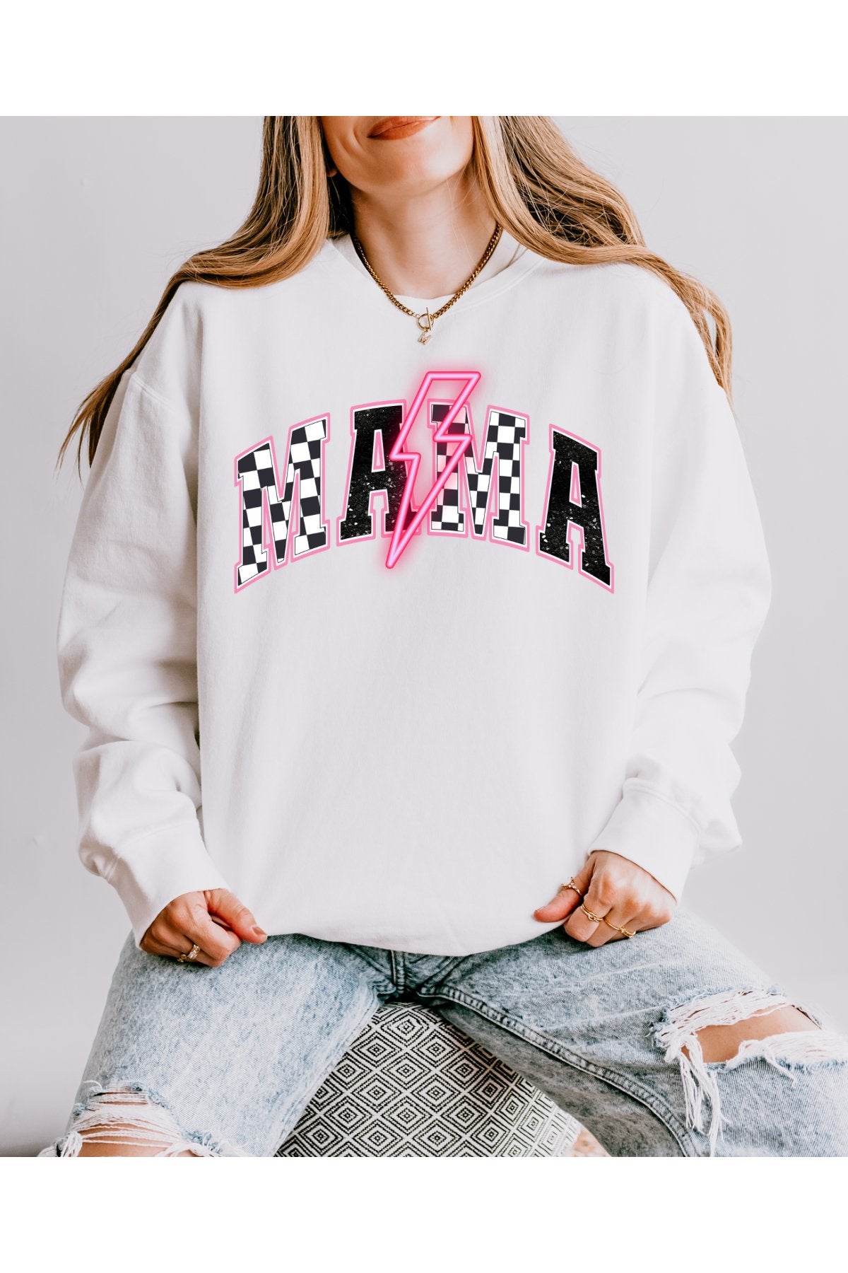 Mama checkered basic fleece crewneck