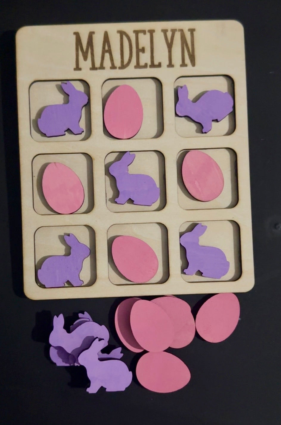 Personalized Easter Tic Tac Toe Game for Kids – Custom Name Wooden Bunny & Egg Travel Game Board Handmade Kids Easter Basket Stuffer