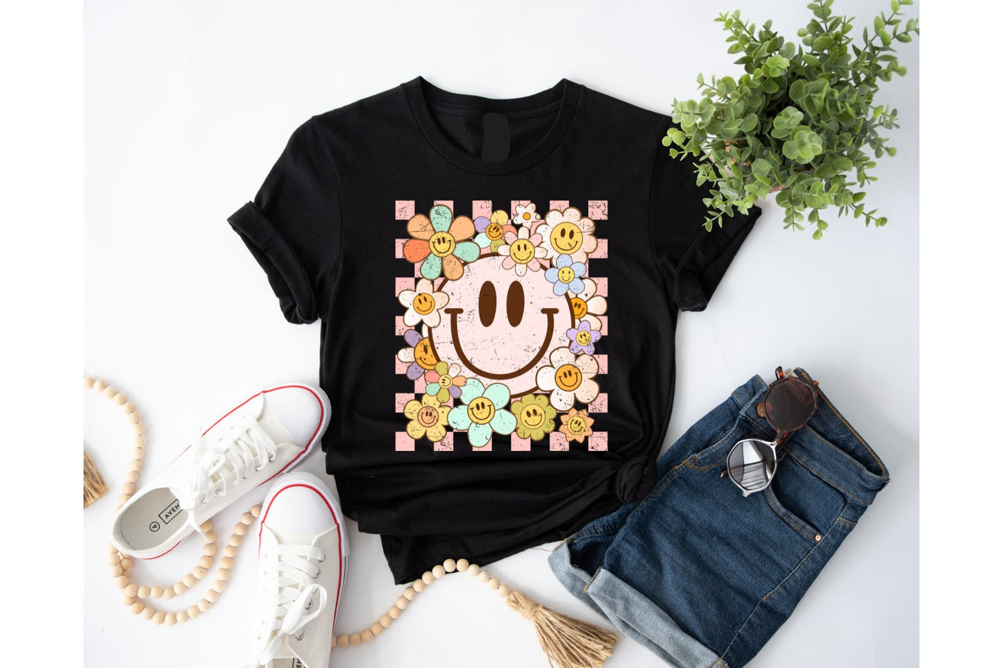 Retro Checkered Smiley flowers tee