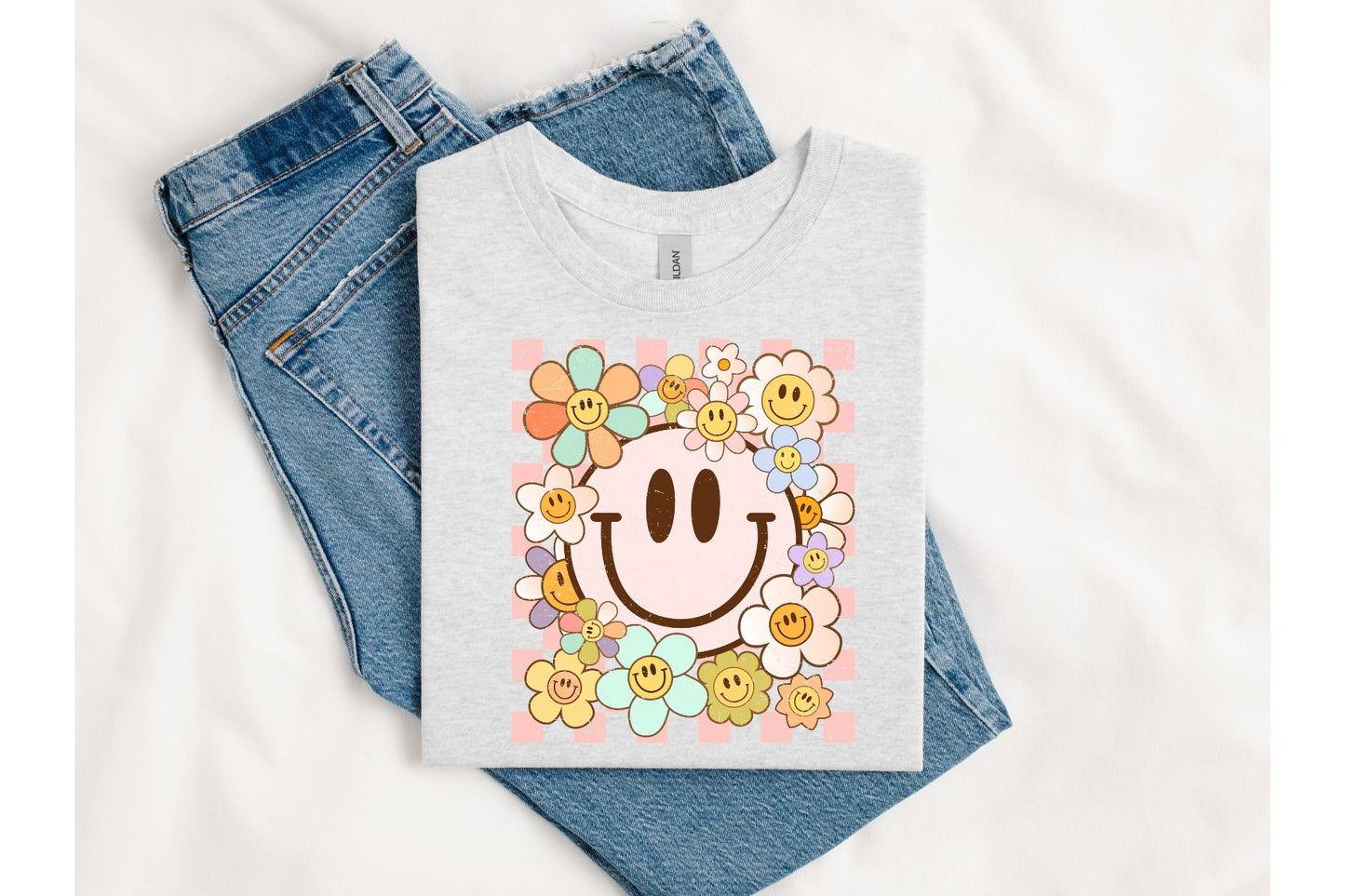 Retro Checkered Smiley flowers tee