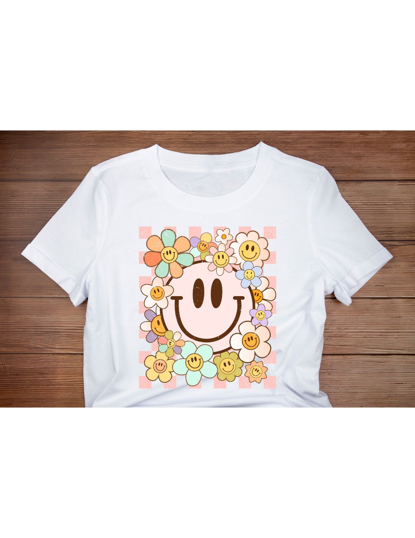 Retro Checkered Smiley flowers tee