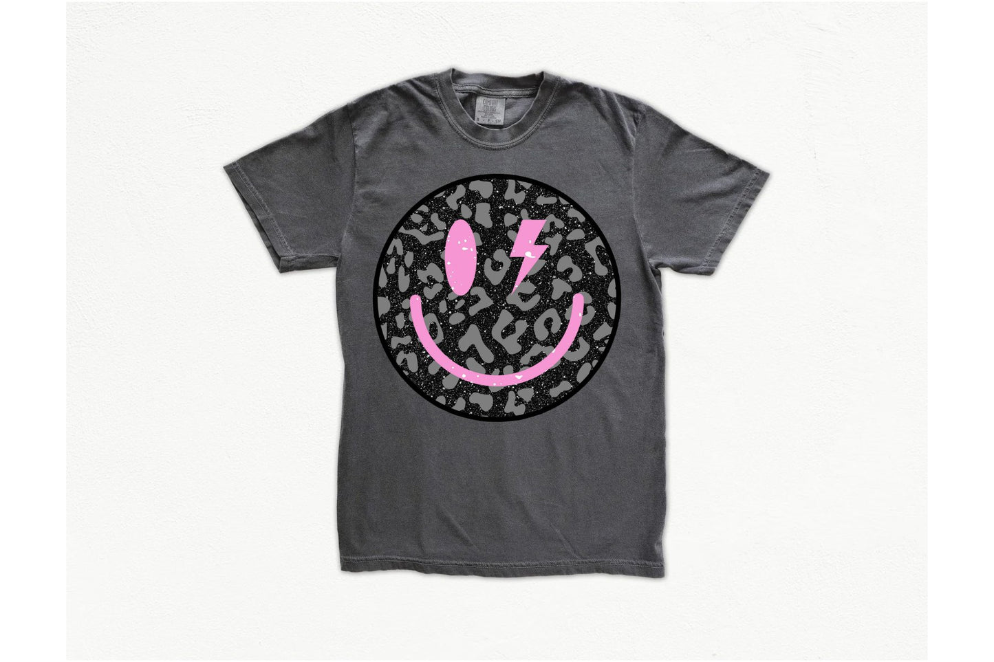 Black Glitter Leopard Smiley Youth Tee