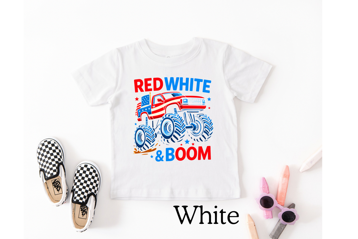 Red White & Boom Monster Truck Kids T-Shirt | Patriotic 4th of July Graphic Tee for Boys & Girls