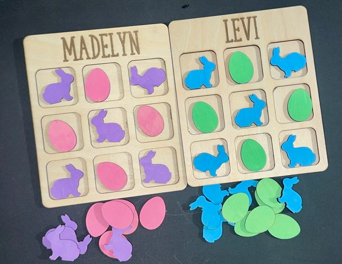 Personalized Easter Tic Tac Toe Game for Kids – Custom Name Wooden Bunny & Egg Travel Game Board Handmade Kids Easter Basket Stuffer
