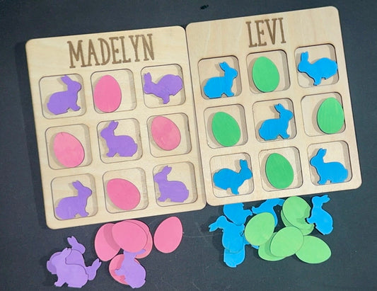 Personalized Easter Tic Tac Toe Game for Kids – Custom Name Wooden Bunny & Egg Travel Game Board Handmade Kids Easter Basket Stuffer
