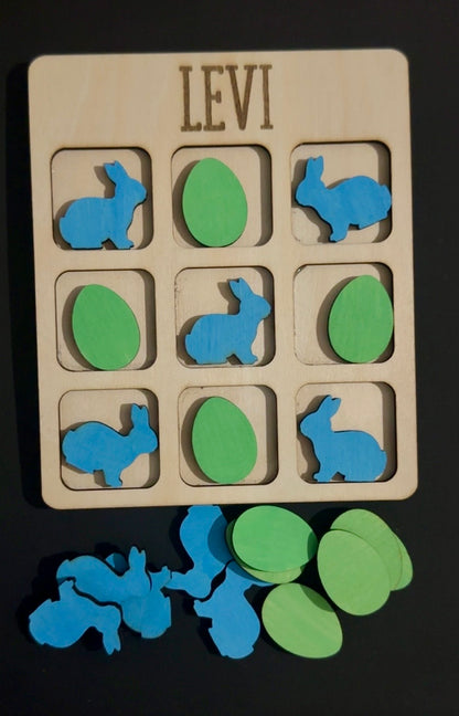 Personalized Easter Tic Tac Toe Game for Kids – Custom Name Wooden Bunny & Egg Travel Game Board Handmade Kids Easter Basket Stuffer
