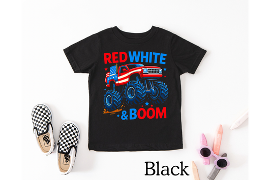 Red White & Boom Monster Truck Kids T-Shirt | Patriotic 4th of July Graphic Tee for Boys & Girls