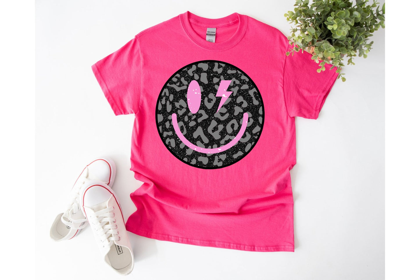 Black Glitter Leopard Smiley Youth Tee