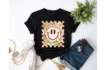 Retro Checkered Smiley flowers tee