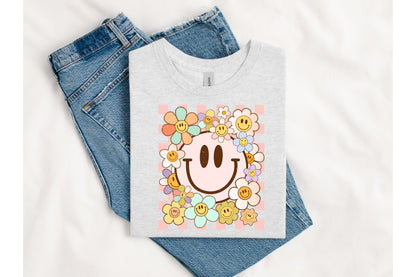 Retro Checkered Smiley flowers tee