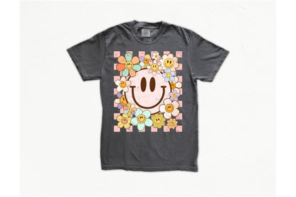 Retro Checkered Smiley flowers tee