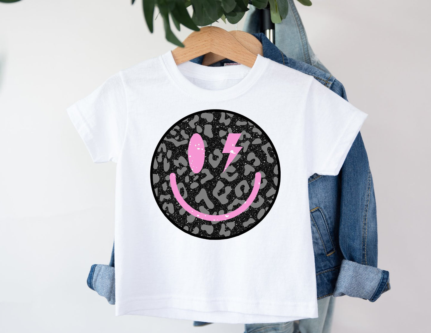 Black Glitter Leopard Smiley Youth Tee